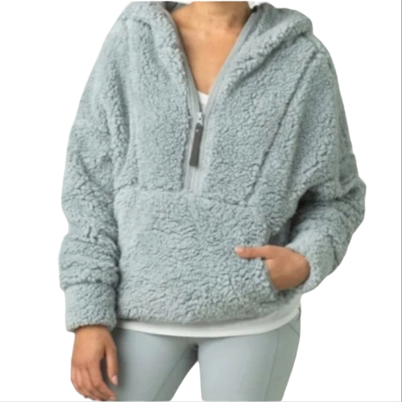 Prana Polar Escape Half Zip Sherpa Hooded Jacket Sweatshirt Light Blue szM - Picture 1 of 10